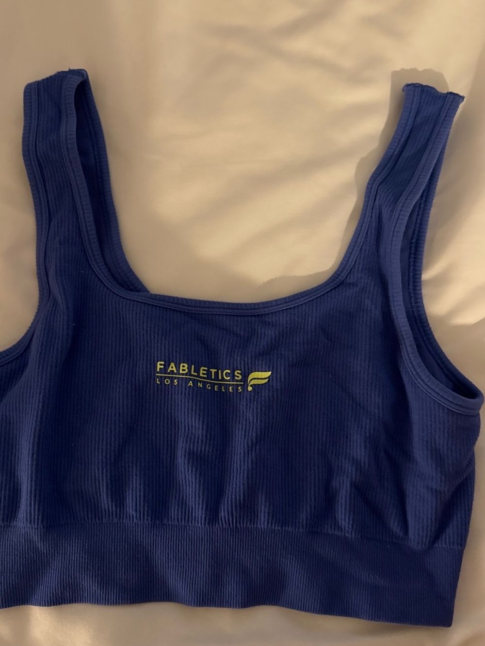 Fabletics Ribbed Scoop Sports Bra — Deep Blue with Yellow Logo